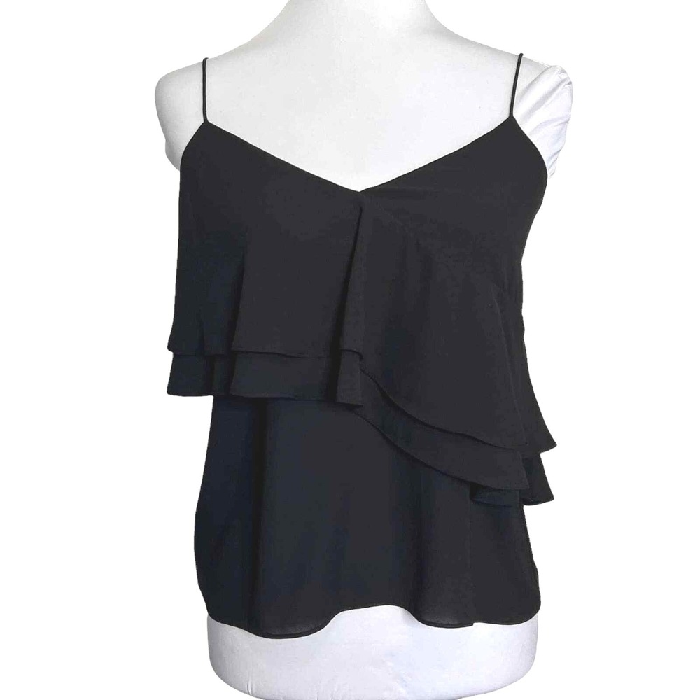 J.Crew Ruffle Tiered Camisole Women Size 0 Spaghetti Strap Chiffon V-Neck Black
